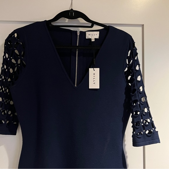 MILLY Navy Lattice Elbow Sleeve Dress - Picture 6 of 11